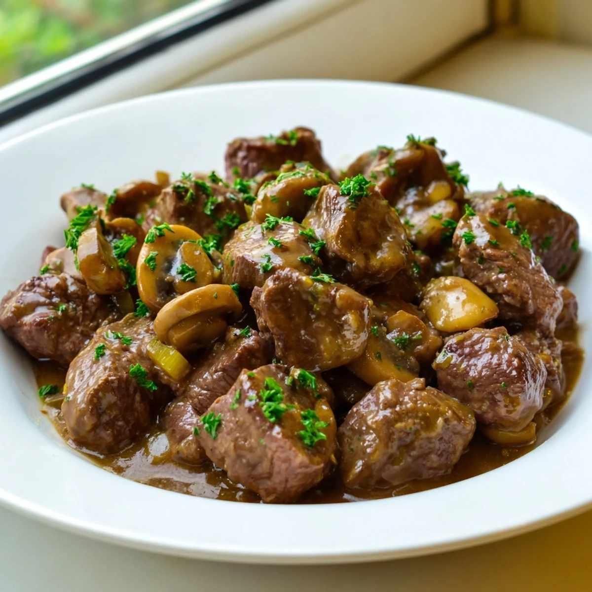Juicy beef steak tips and gravy in a rich savory brown sauce