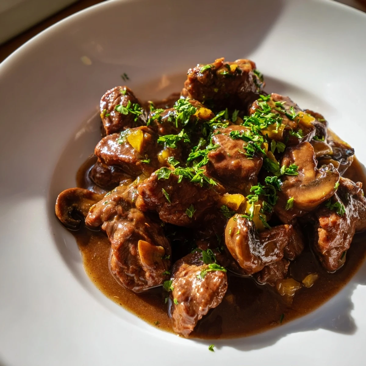 Golden-seared weeknight steak tips and gravy garnished with fresh parsley