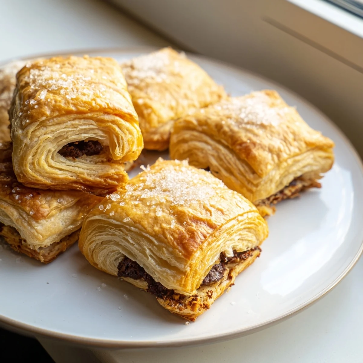 Flaky chocolate croissant cookies arranged on a rustic parchment-lined baking sheet