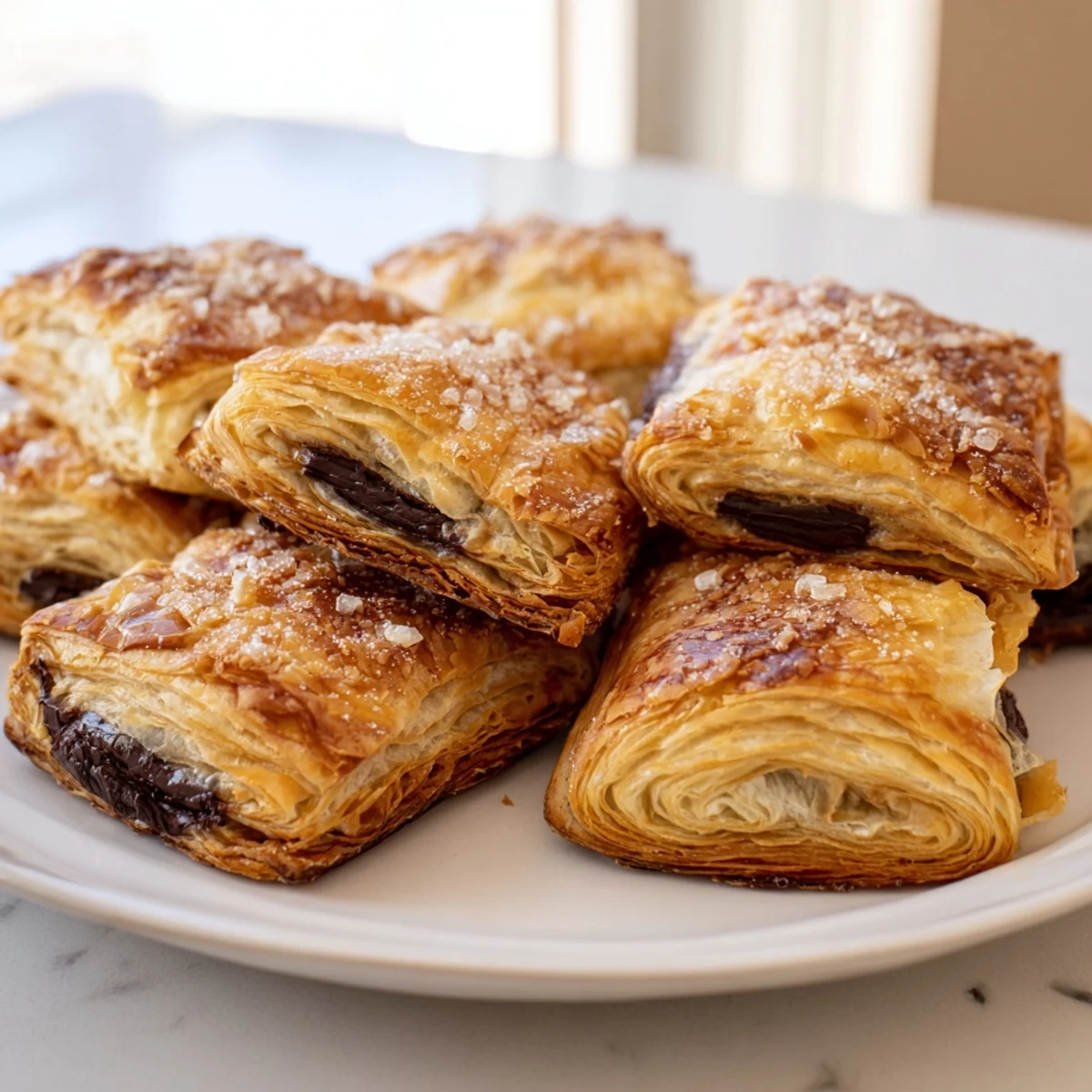 Buttery chocolate croissant cookies dusted with sparkling sugar beside a coffee cup