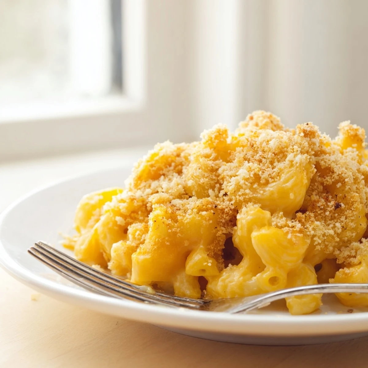 Steaming spoonful of homemade macaroni cheese oozing with melted cheddar and Gruyère