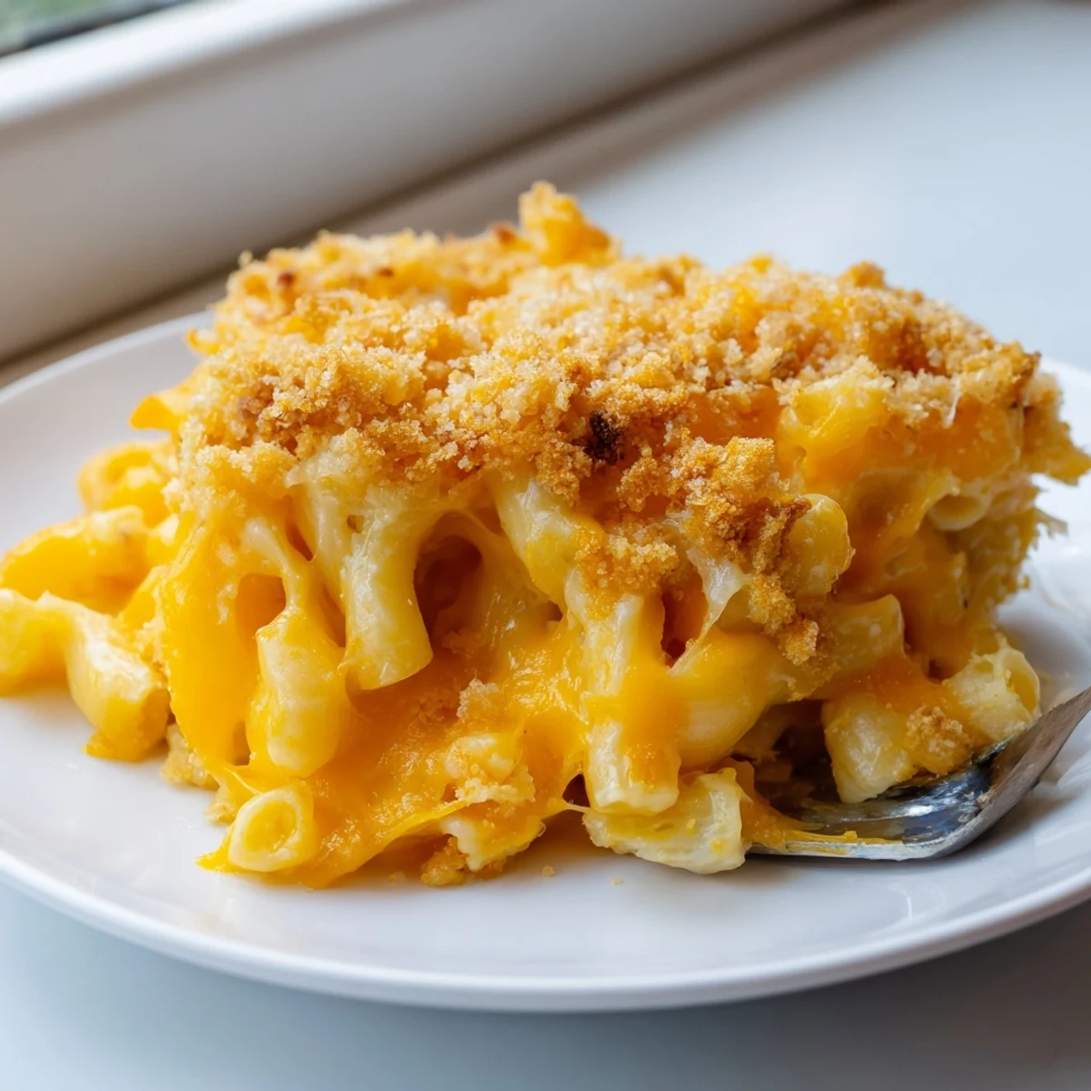 Creamy macaroni cheese with bubbling golden breadcrumb topping fresh from the oven
