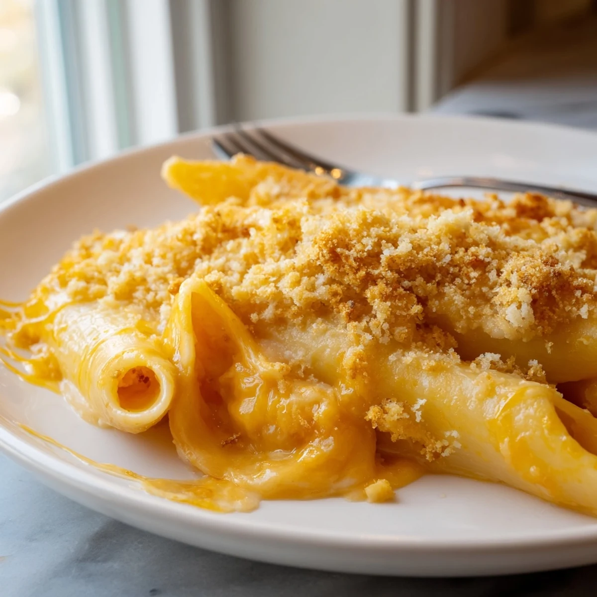 Baked macaroni cheese served in a rustic dish with a crispy cheese crust