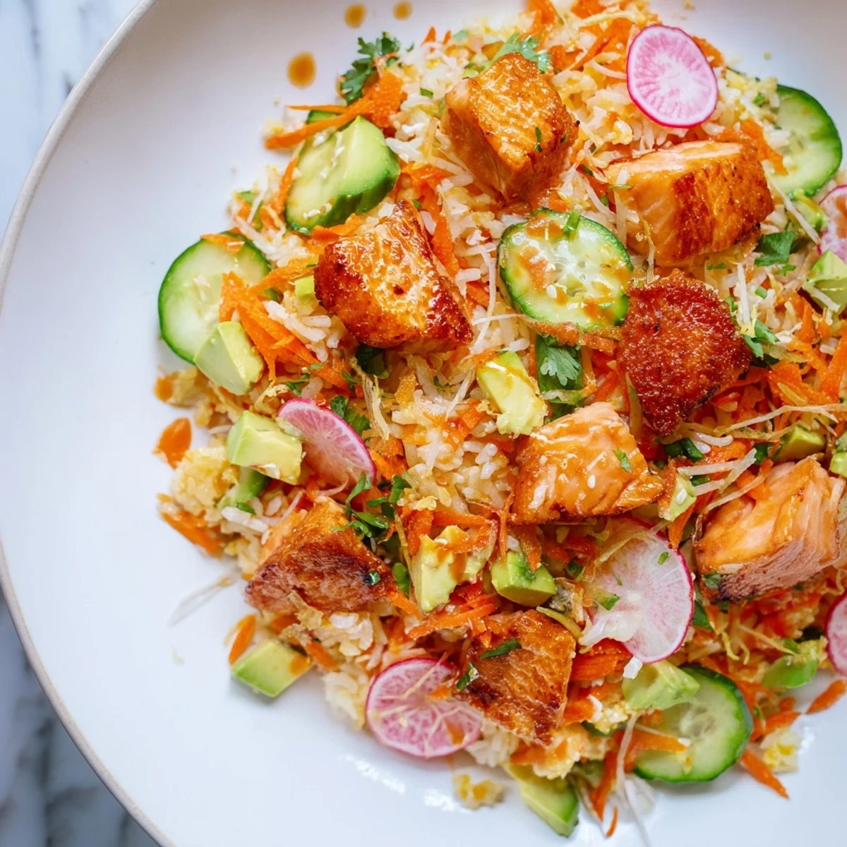 Golden crispy salmon rice salad drizzled with tangy ginger dressing and fresh vegetables
