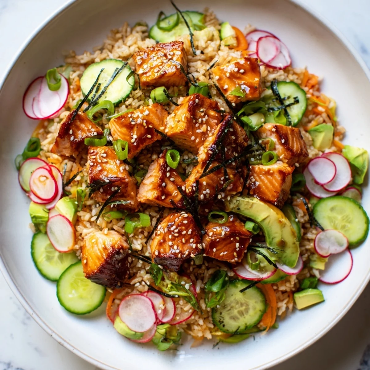 Crispy salmon rice salad with ginger dressing served over colorful julienned vegetables and avocado