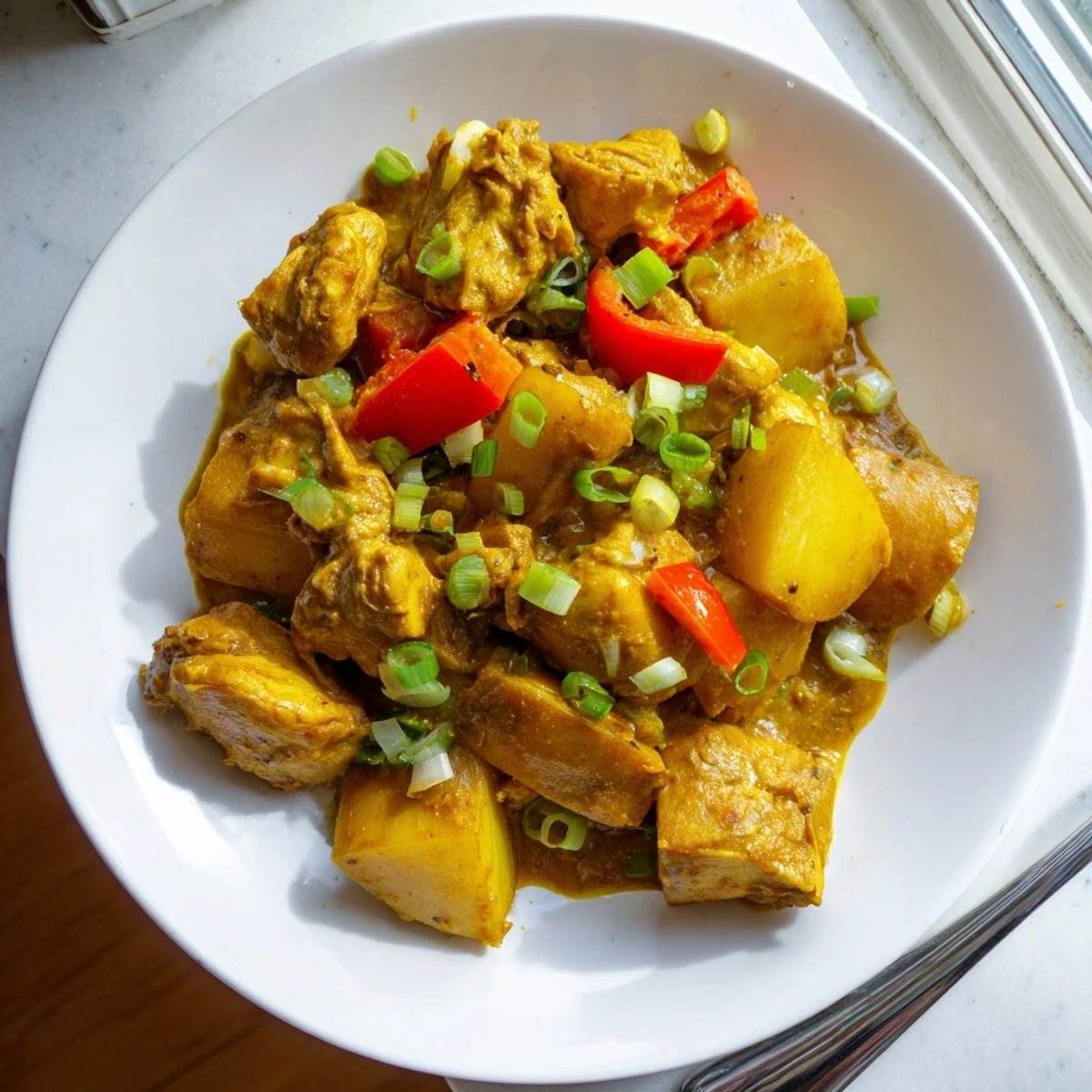 Golden Jamaican curry chicken simmering in a rich, aromatic sauce with tender potatoes and fresh herbs.