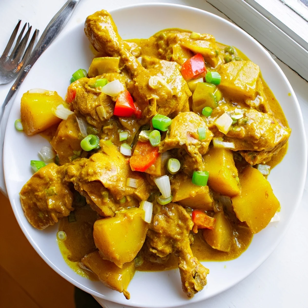 Steaming bowl of authentic Jamaican curry chicken served over fluffy white rice with scallions.