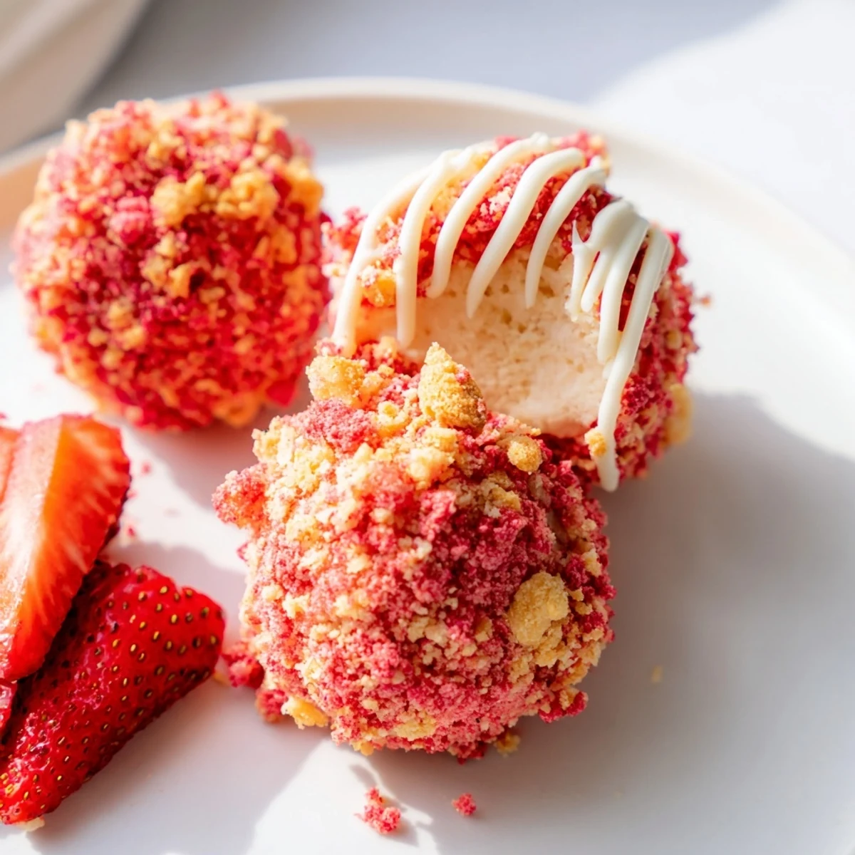 Creamy strawberry crunch cheesecake bites coated in golden cookie crumbs on a parchment-lined tray