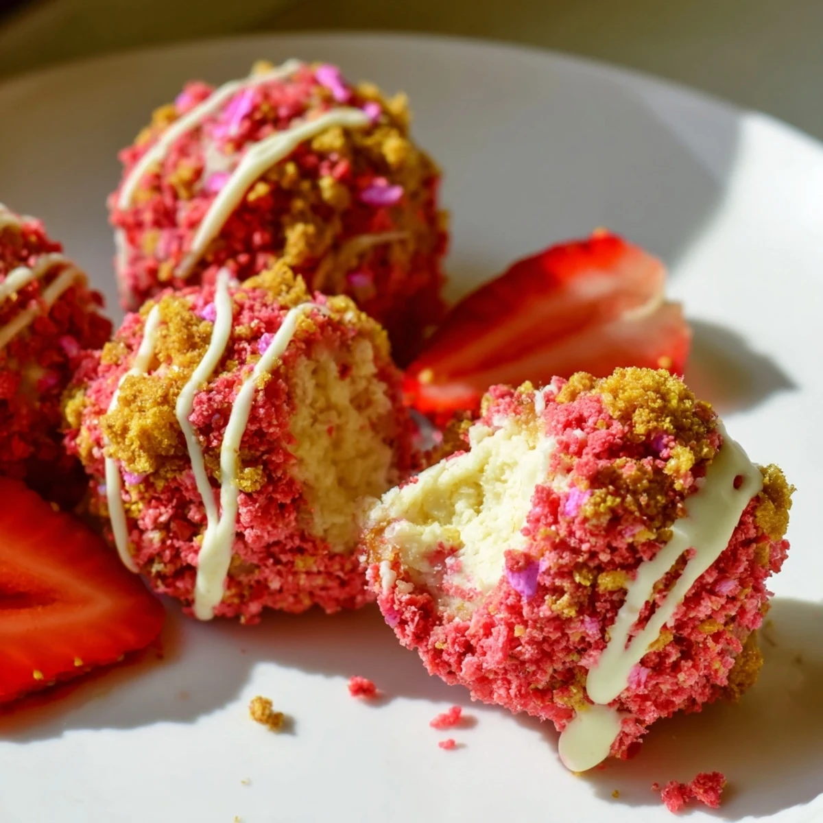 Golden-coated strawberry crunch cheesecake bites drizzled with white chocolate and topped with fresh strawberry slices