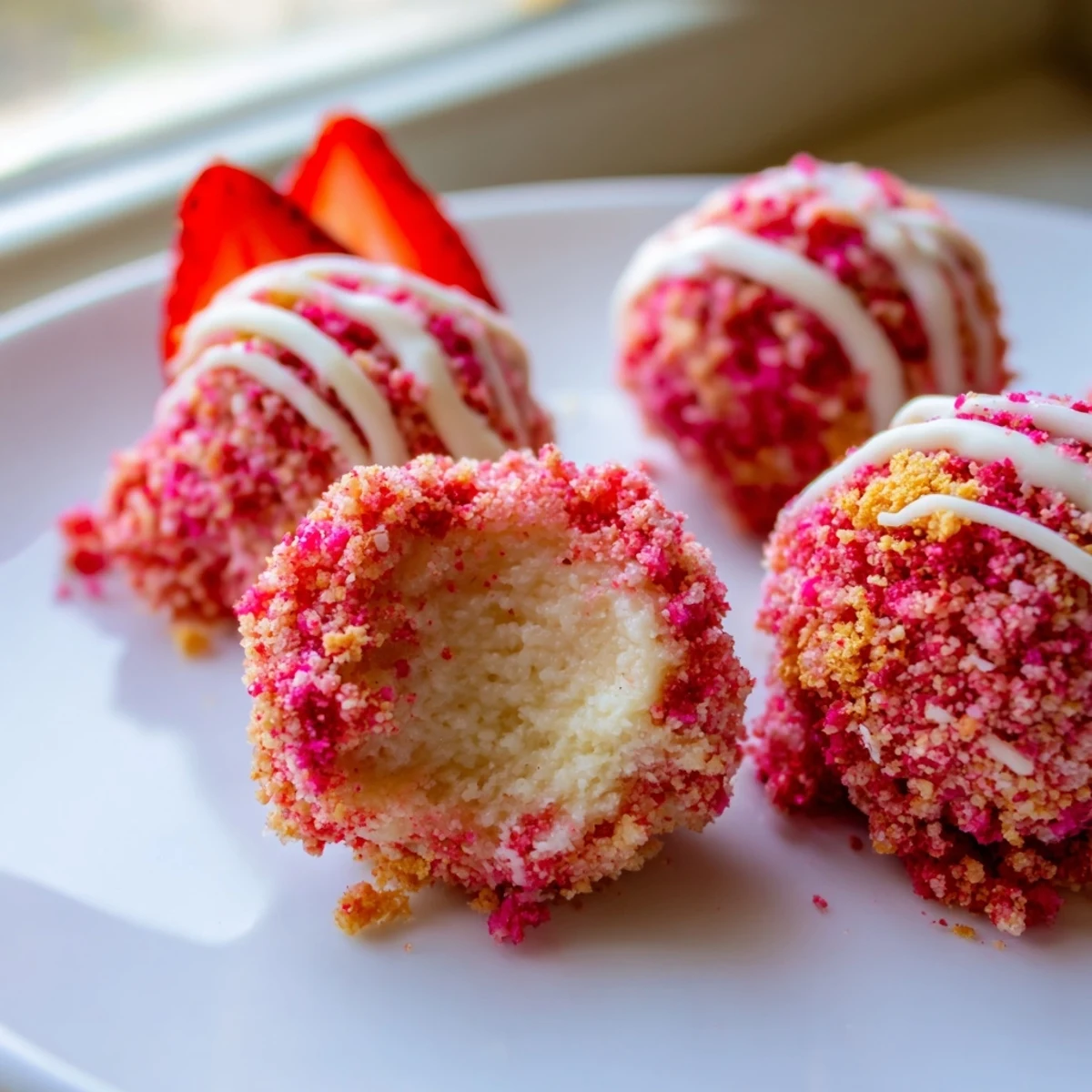 Fluffy no-bake strawberry crunch cheesecake bites rolled in vibrant freeze-dried strawberry and cookie crumble