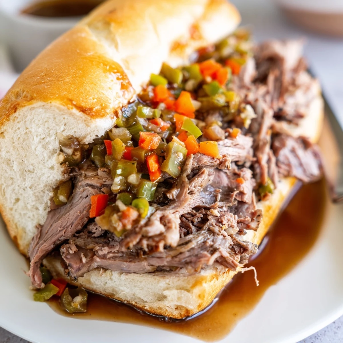 Thinly sliced Chicago style Italian beef piled high on a crusty roll with melted sweet peppers