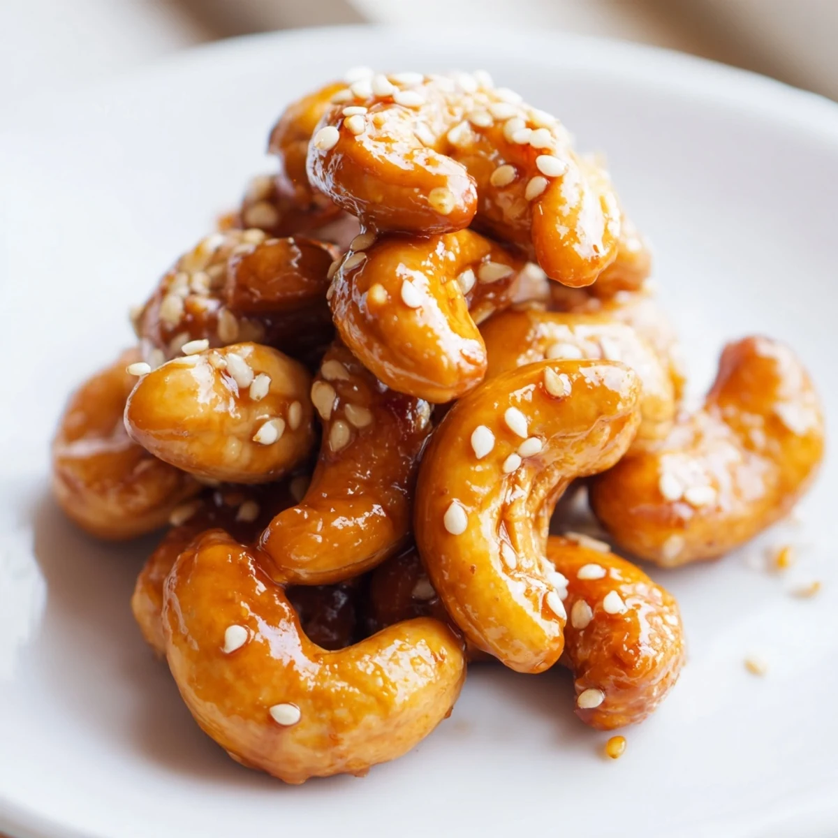 Golden honey sesame cashews glistening with a warm, sticky glaze on parchment paper
