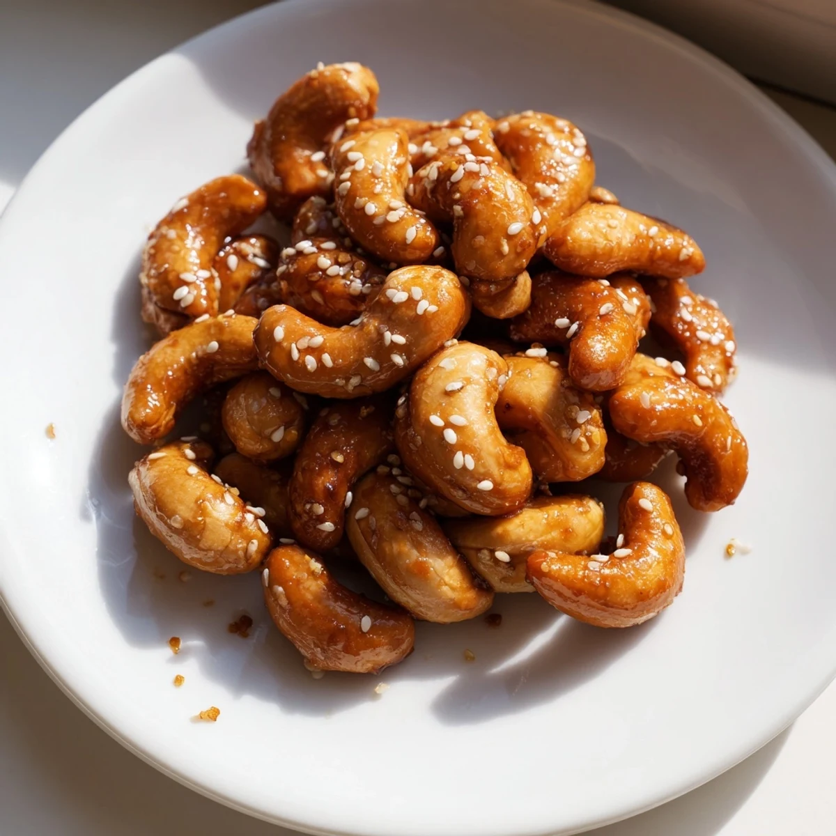 Sweet honey sesame cashews scattered with toasted golden sesame seeds on a wooden board