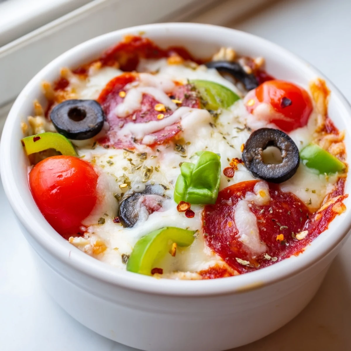 Creamy cottage cheese pizza bowl with melted mozzarella and fresh basil garnish
