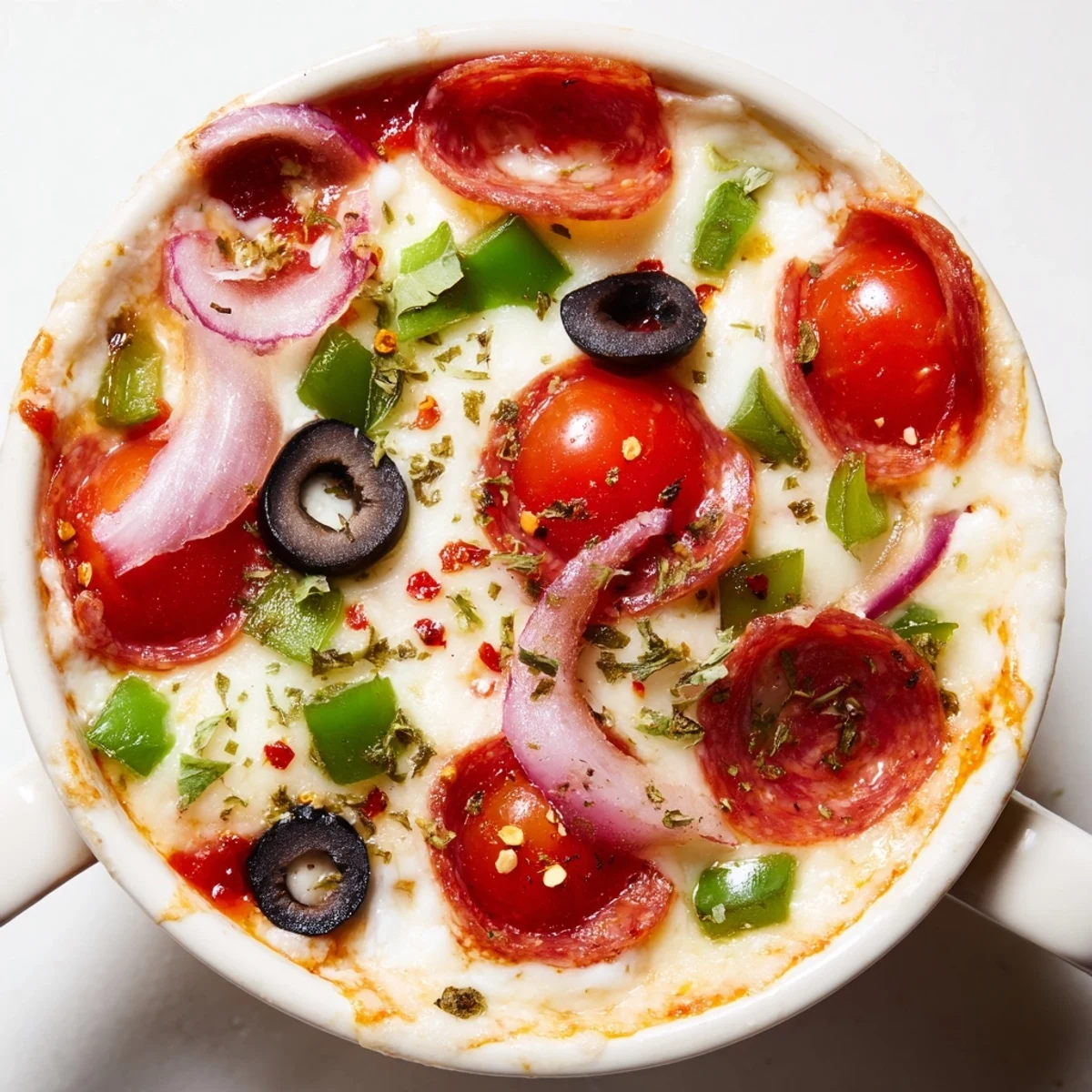Baked cottage cheese pizza bowl bubbling with marinara sauce and colorful veggie toppings