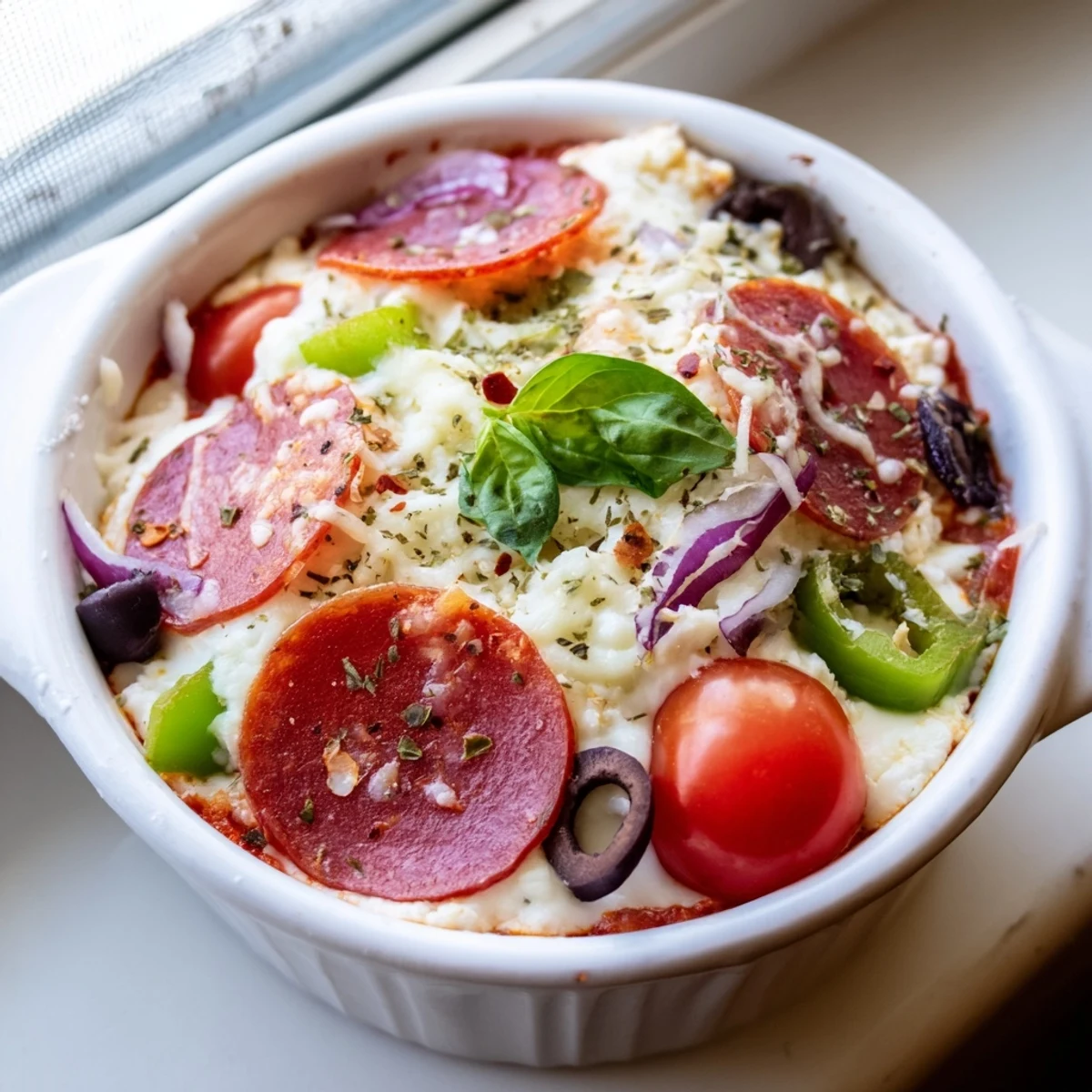 Golden cheesy cottage cheese pizza bowl served hot with pepperoni and roasted cherry tomatoes