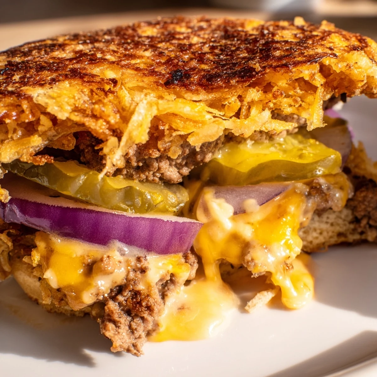 Crispy Hash Brown Smash Burgers stacked high with melty cheddar and golden potato patties