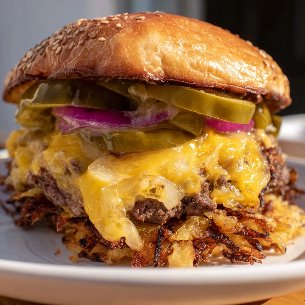 Juicy Crispy Hash Brown Smash Burgers featuring crunchy hash browns and gooey melted cheese