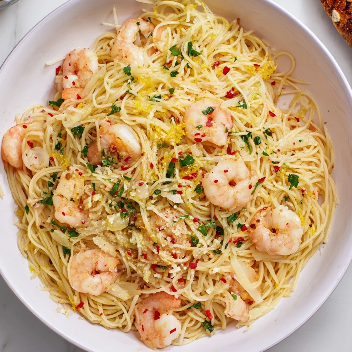 Golden pan-seared shrimp tossed with delicate noodles in a rich garlic butter sauce