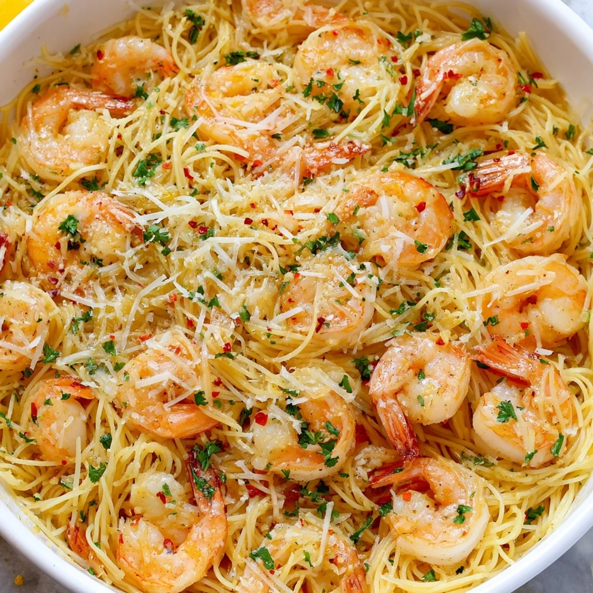 Garlic Butter Shrimp Angel Hair Pasta topped with fresh parsley and Parmesan cheese