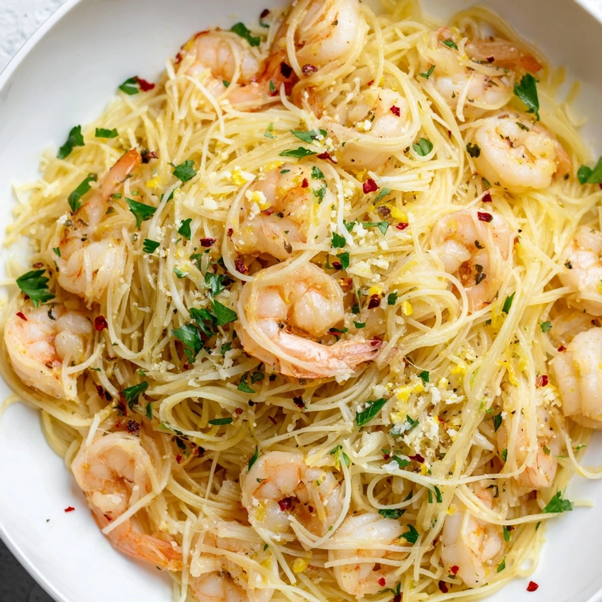 Steaming plate of garlic butter shrimp angel hair pasta garnished with lemon wedges