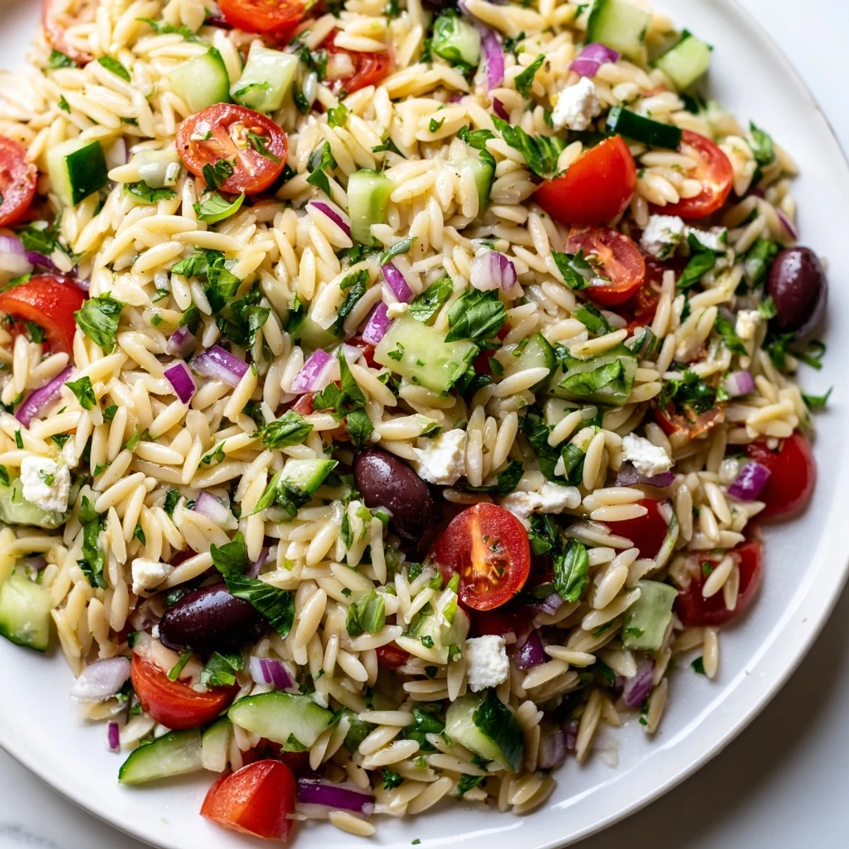 Juicy Mediterranean Orzo Pasta Salad tossed with crisp cucumbers, olives, and bright lemon-herb dressing