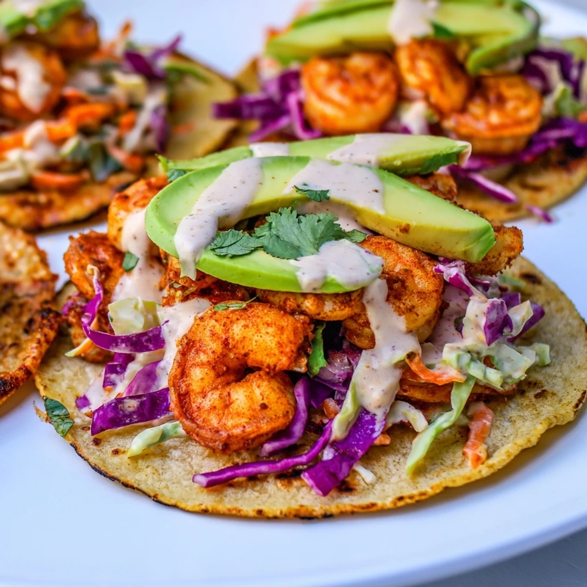 Golden spicy shrimp tacos topped with creamy garlic cilantro lime slaw on warm tortillas