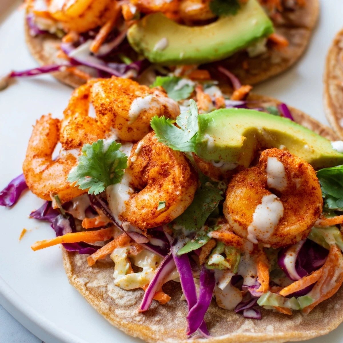 Close-up of spicy shrimp tacos with vibrant purple cabbage slaw and fresh lime wedges