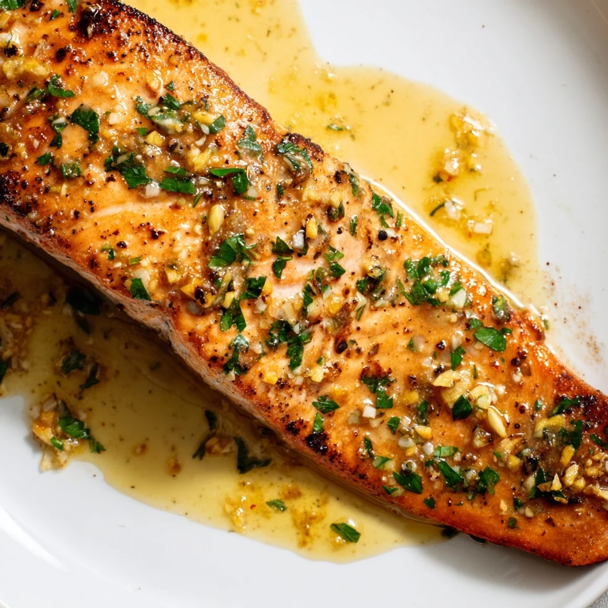 Golden garlic butter salmon fillets glistening in a rich lemon-parsley pan sauce