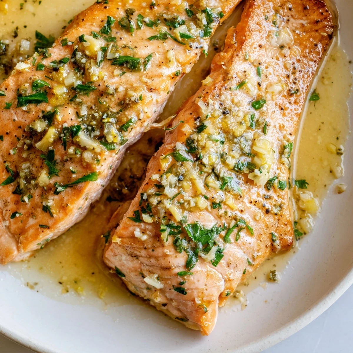 Crispy-skinned garlic butter salmon drizzled with melted herb sauce on a white plate