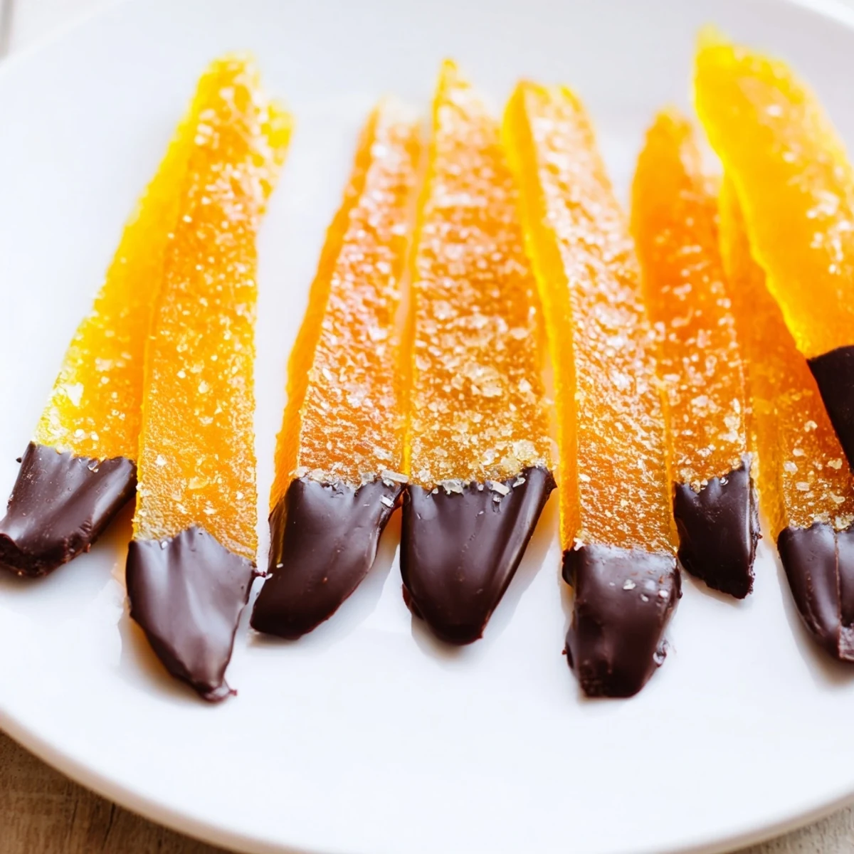 Glistening chocolate covered orange peels arranged on parchment, ready for snacking