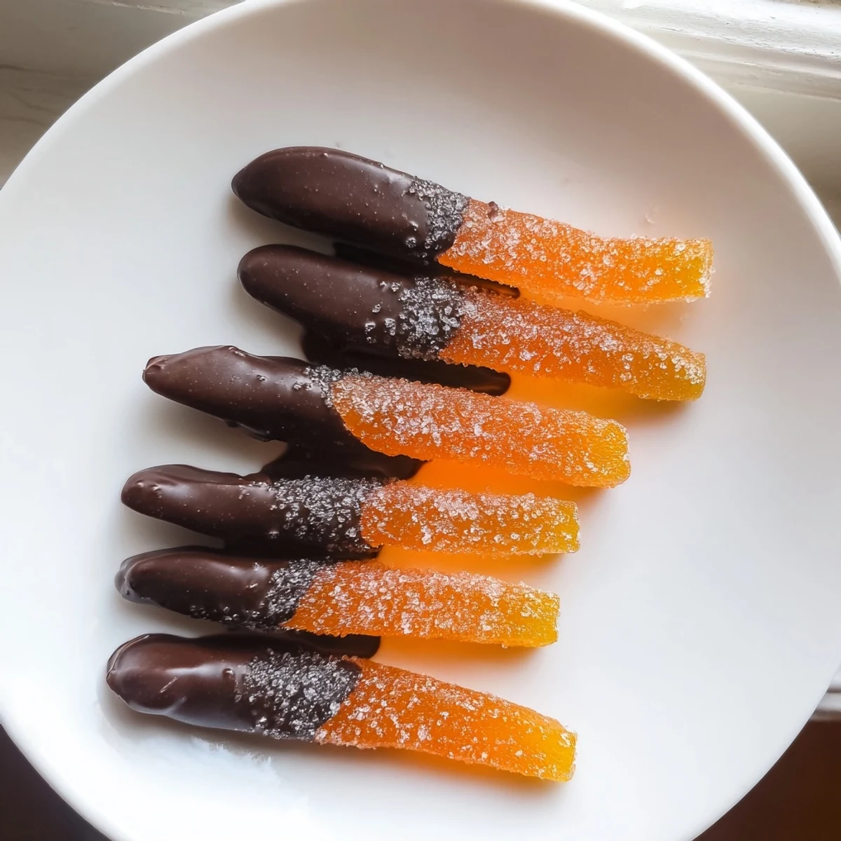 Candied orange strips dipped in dark chocolate covered orange peels, cooling