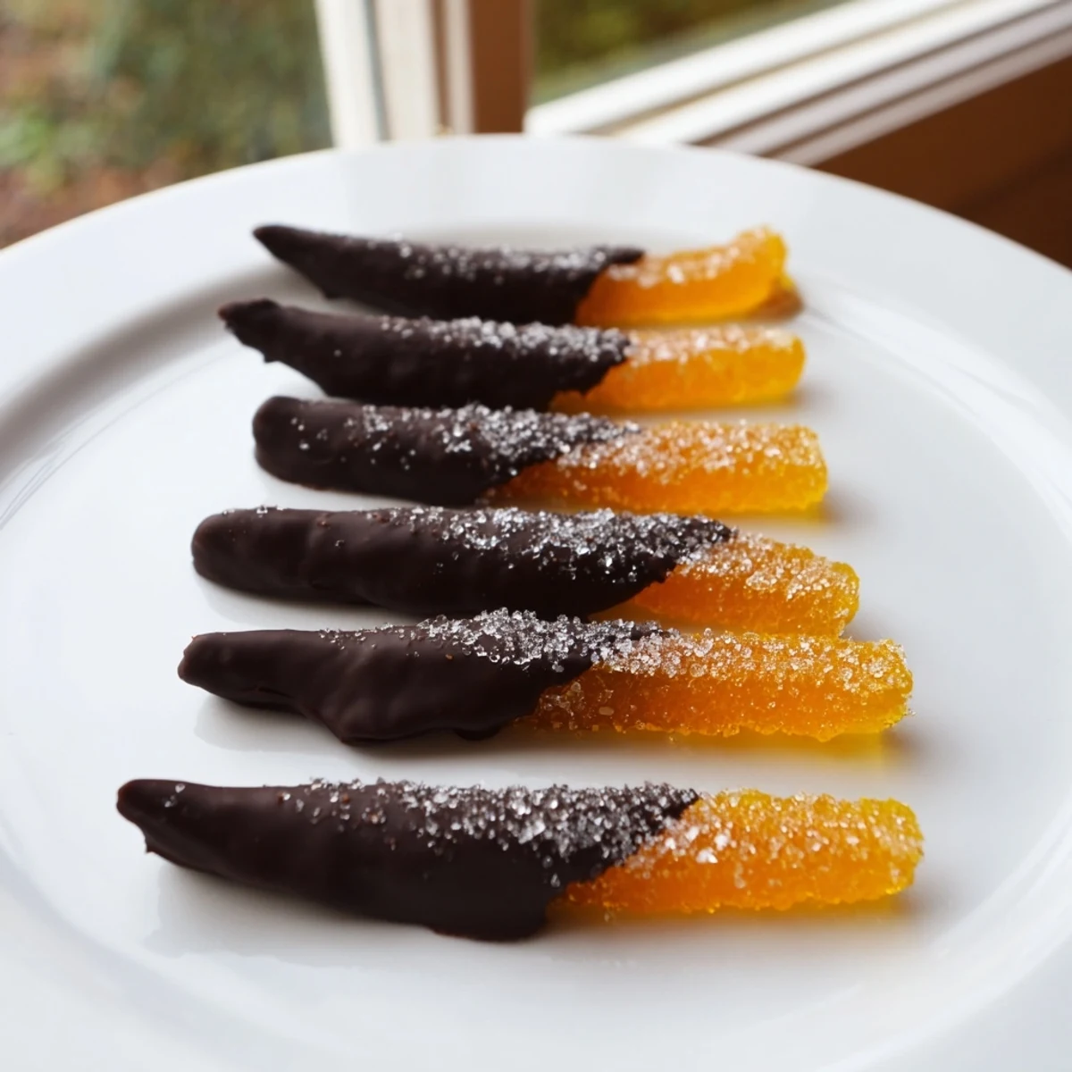 Rich chocolate covered orange peels stacked in a glass dish, served alongside espresso