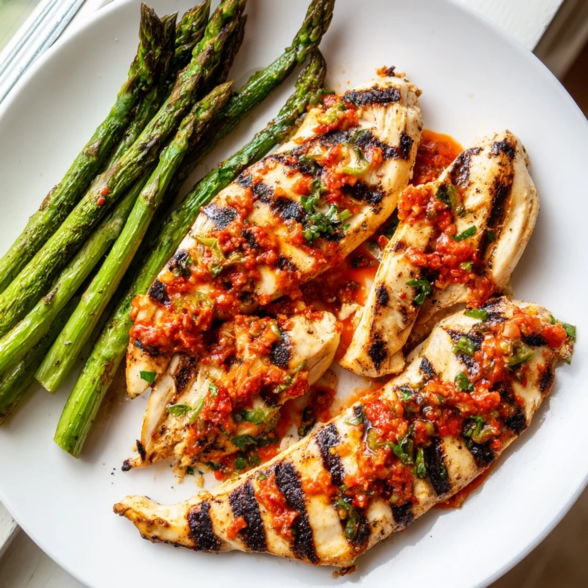 Juicy grilled asparagus chicken drizzled with vibrant Calabrian chili sauce on a rustic plate