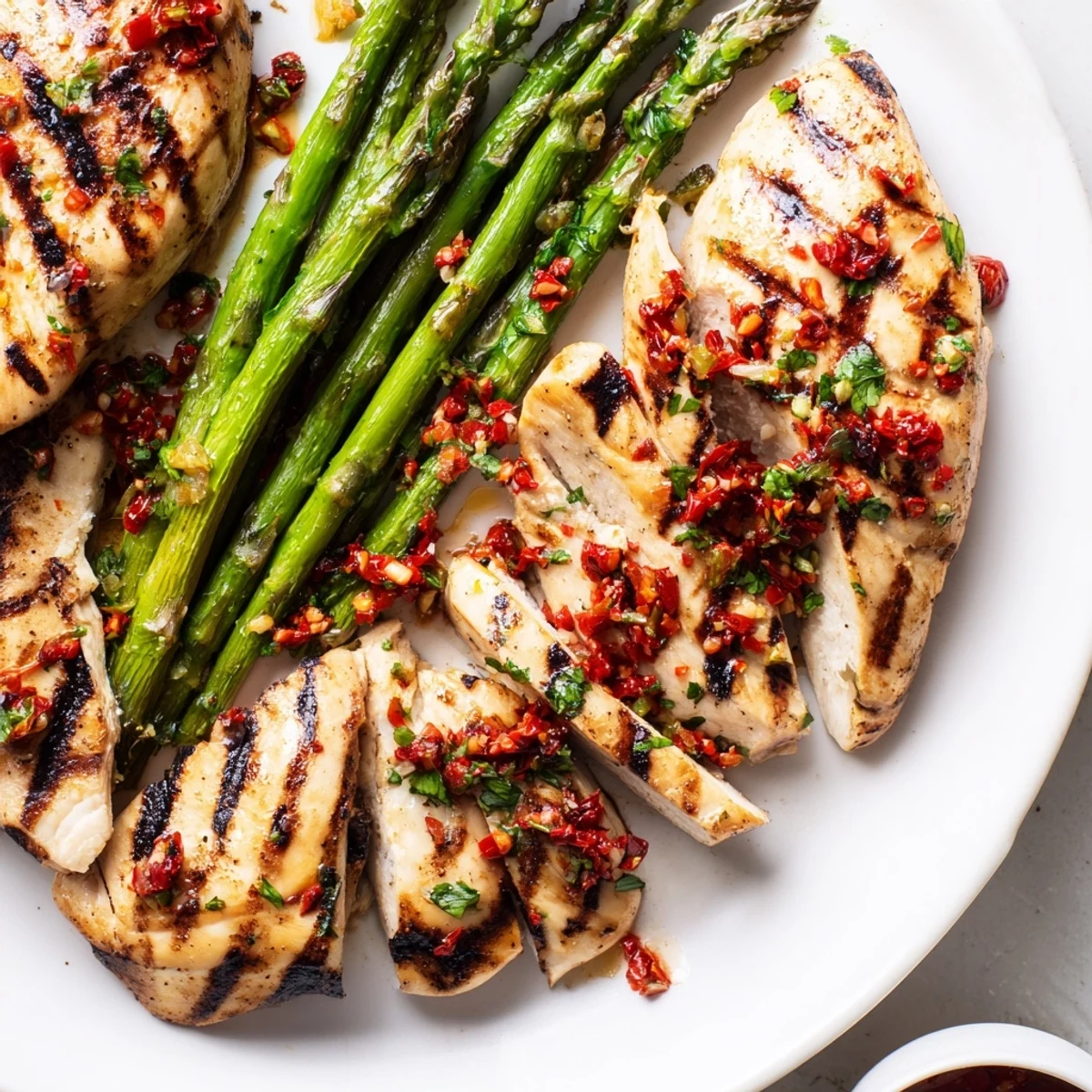 Golden grilled asparagus chicken topped with spicy Calabrian chili sauce and fresh parsley