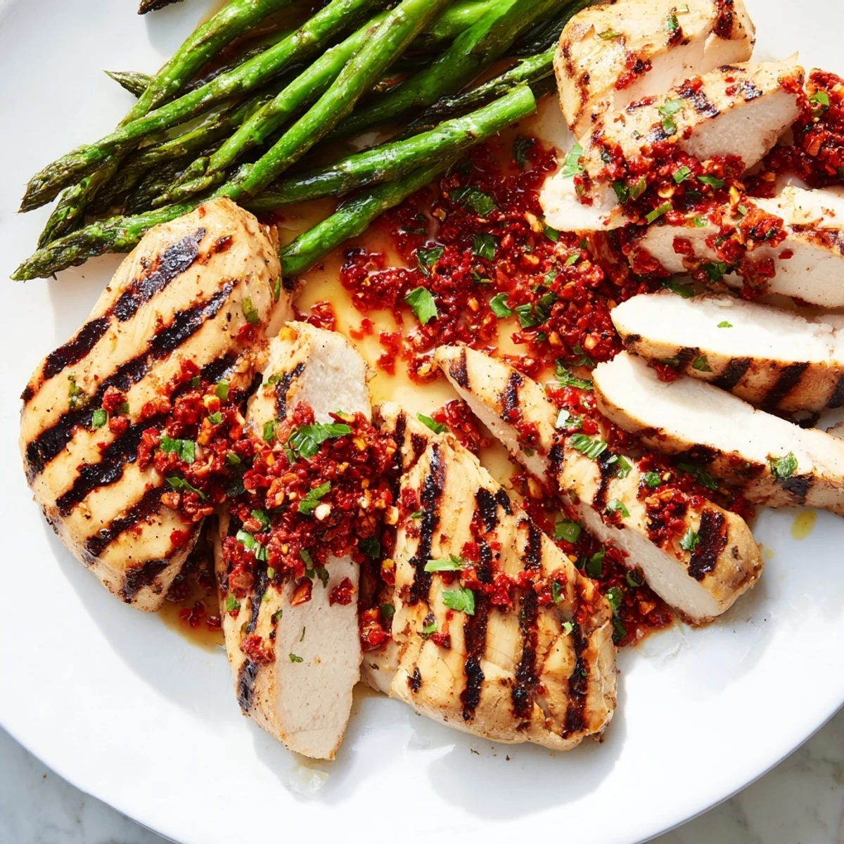 Tender grilled asparagus chicken coated in zesty Calabrian chili sauce served with charred spears