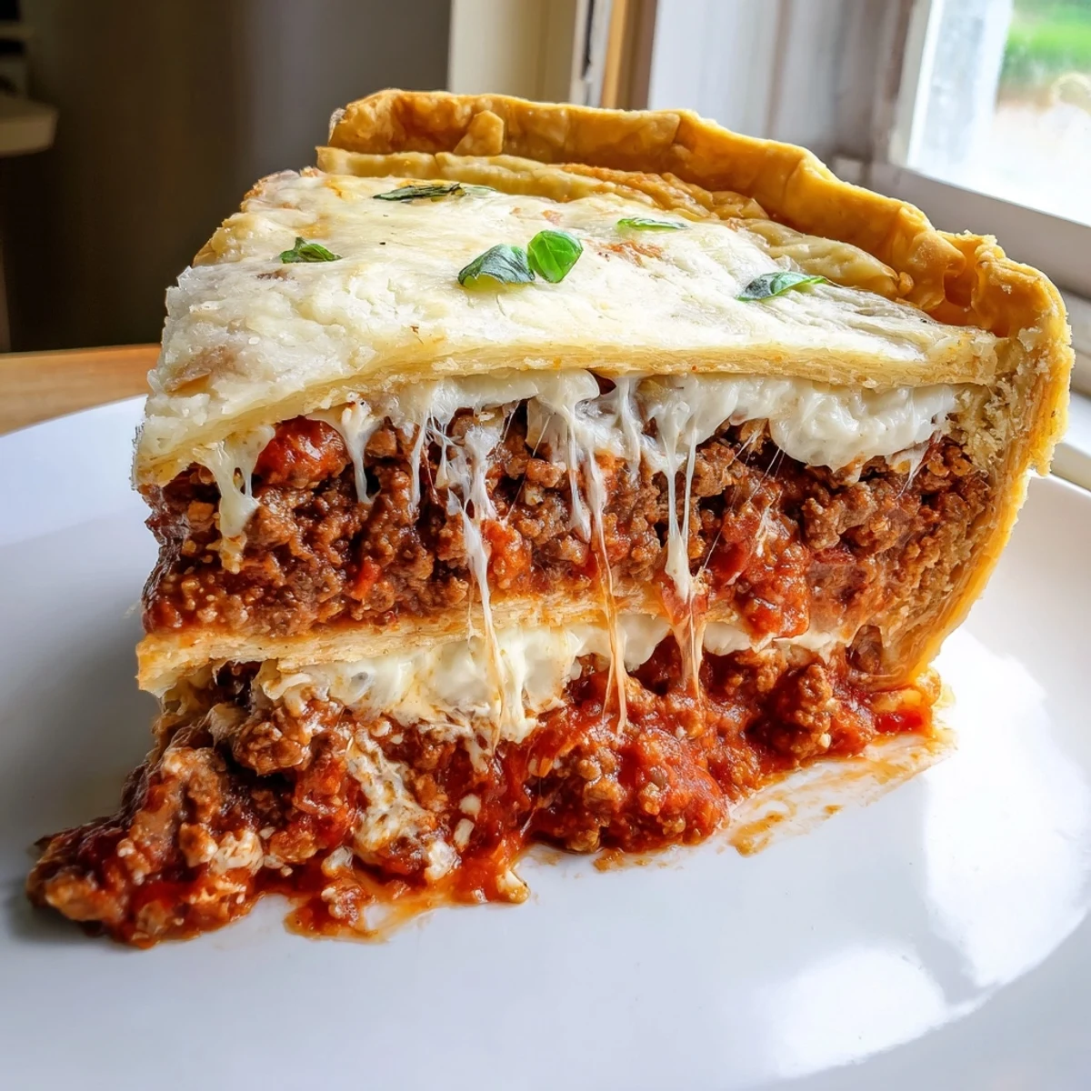 Cheesy Lasagna Pie with bubbling mozzarella and golden crust fresh from the oven