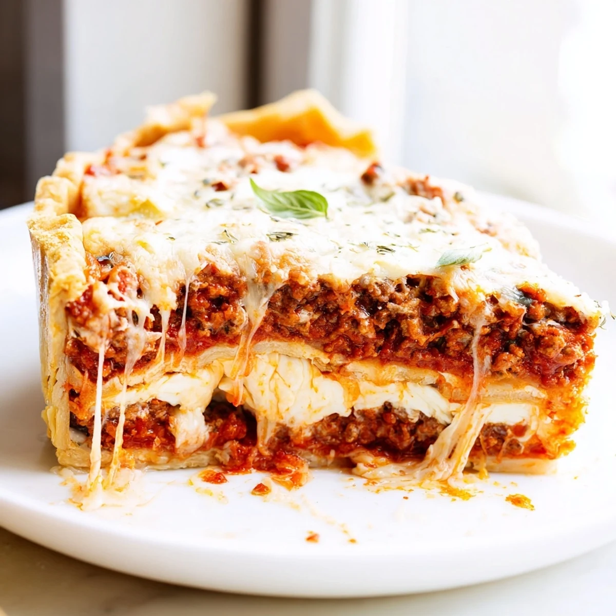 Gooey layers of ricotta and meat sauce in this Cheesy Lasagna Pie