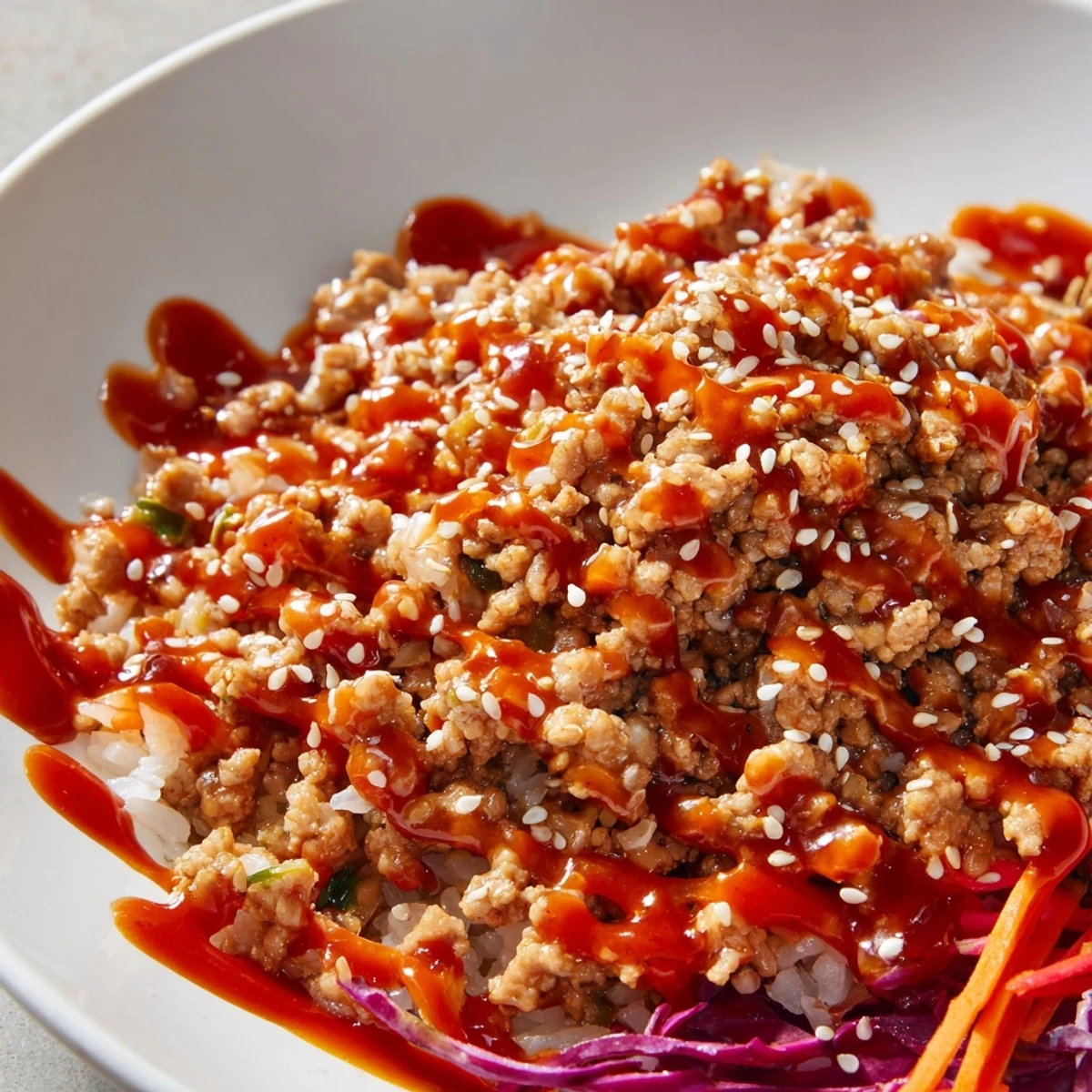 Steaming jasmine rice layered with seasoned turkey in these vibrant Ground Turkey Rice Bowls