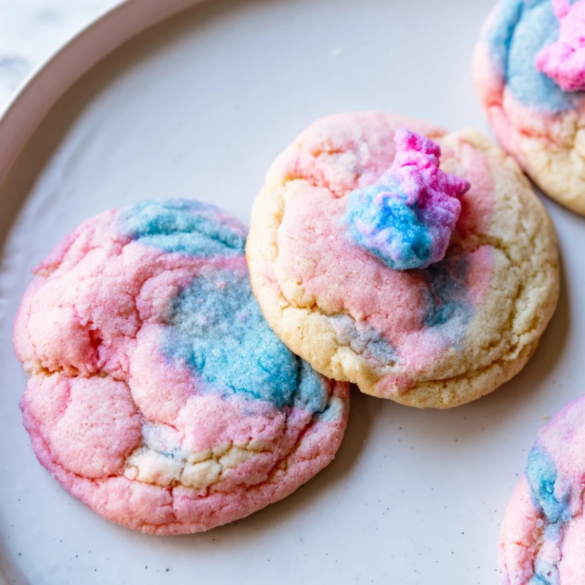 Soft cotton candy cookies with swirled pink and blue pastel dough on parchment paper