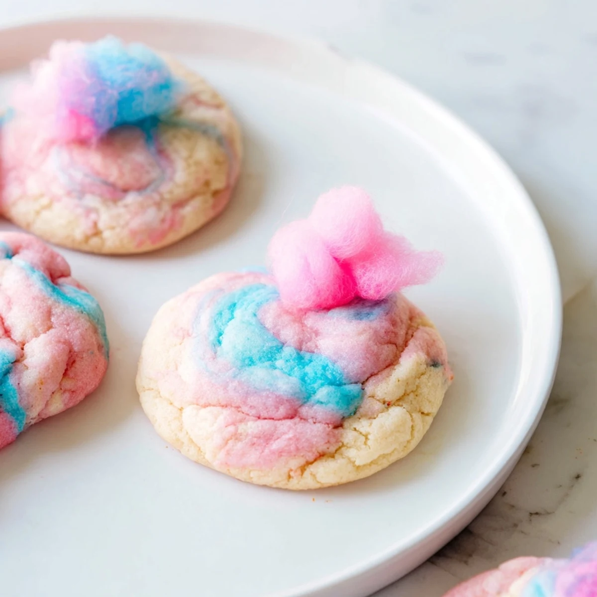 Chewy cotton candy cookies featuring marbled pink and blue hues stacked for serving