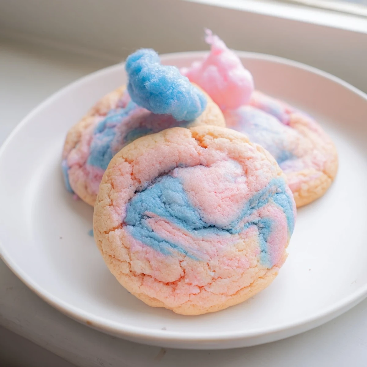 Cotton candy cookies topped with fluffy spun sugar garnish on a decorative plate