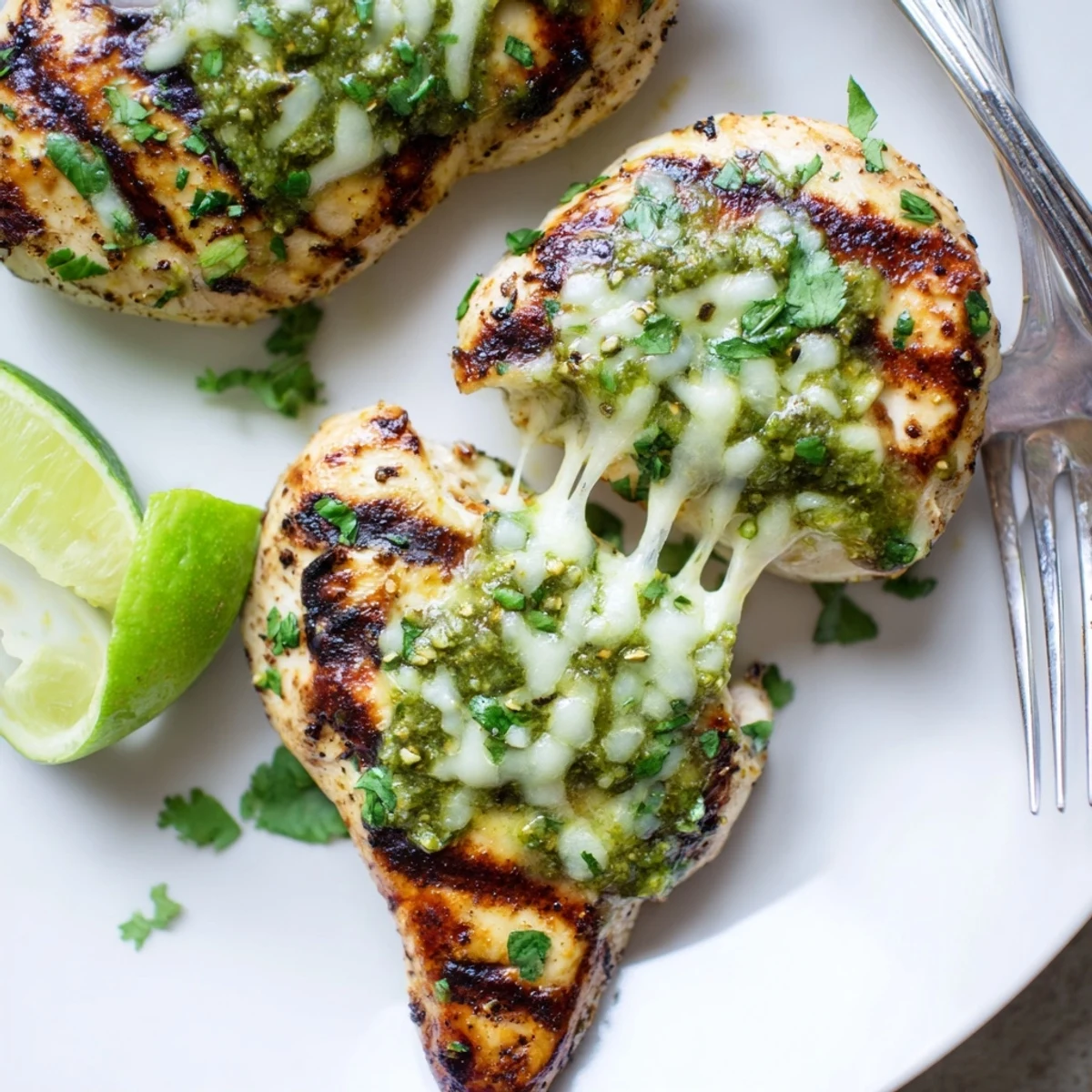 Juicy grilled Cheesy Salsa Verde Pepper Jack Chicken topped with melted spiced cheese and fresh cilantro