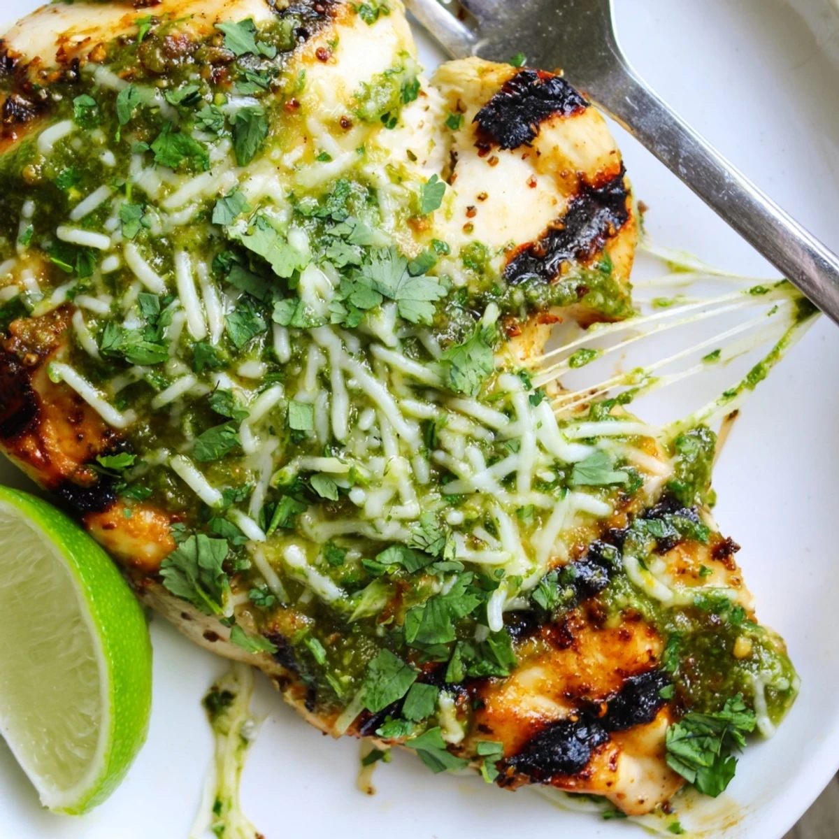Cheesy Salsa Verde Pepper Jack Chicken sizzling on a grill with gooey melted pepper jack