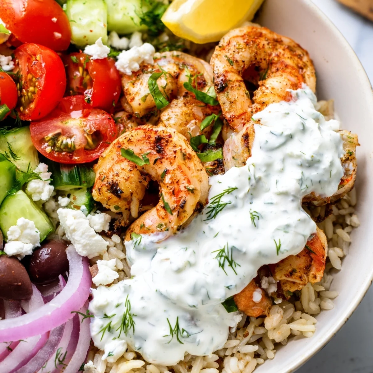 Sizzling seasoned shrimp nestled atop crisp greens with creamy tzatziki and feta