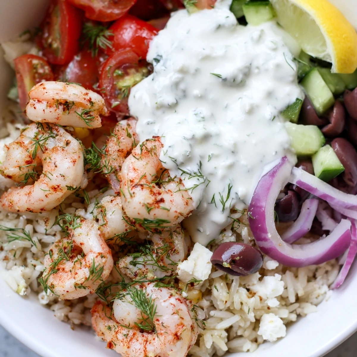 Greek Shrimp Mediterranean Bowl served over lemony rice with colorful fresh vegetables