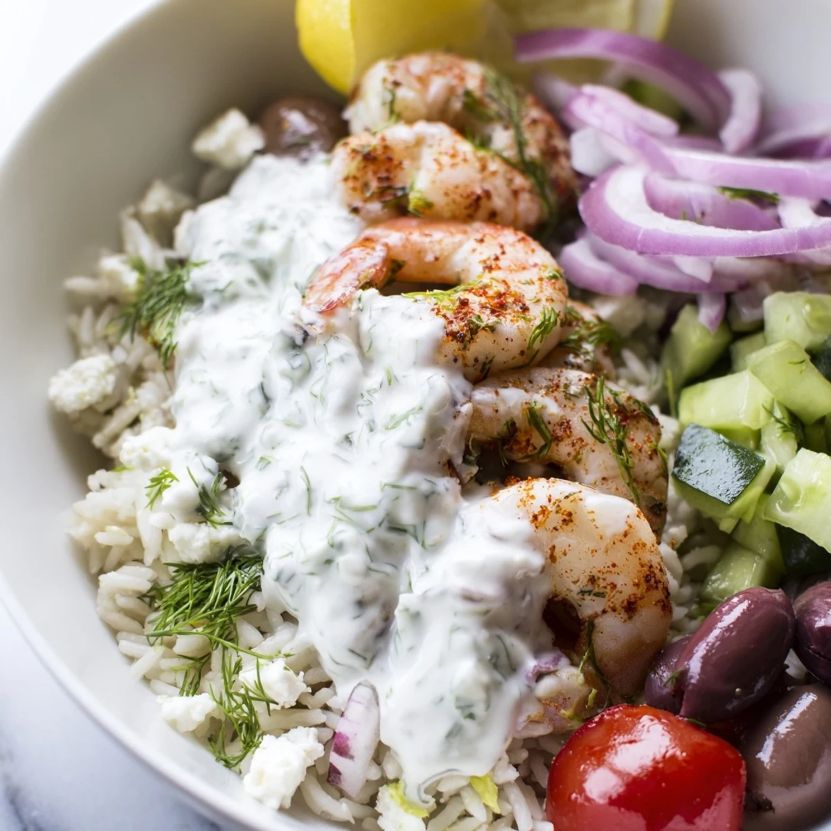 Golden pan-seared shrimp in a Greek Shrimp Mediterranean Bowl with vibrant toppings