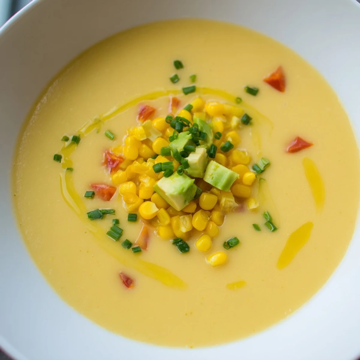Golden summer sweet corn gazpacho served chilled in a bowl with fresh avocado garnish