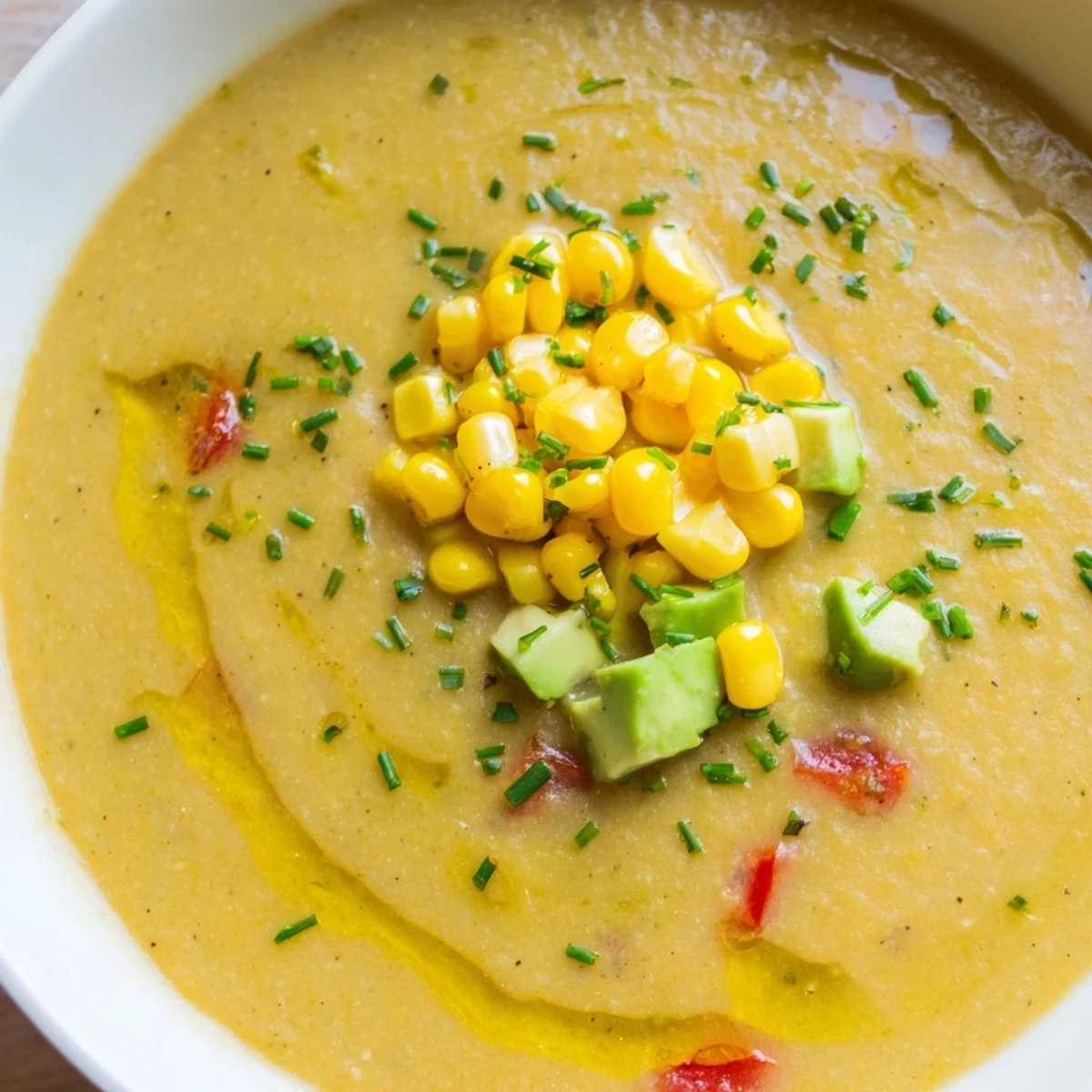 Bright yellow summer sweet corn gazpacho topped with raw corn kernels and chopped chives