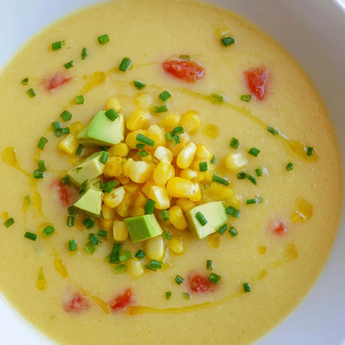 Creamy summer sweet corn gazpacho poured into shallow bowls drizzled with olive oil